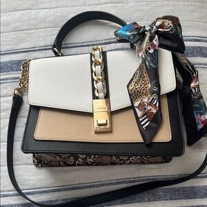 Aldo Black, Tan, and Cream Shoulder Bag with Gold Chain and Scarf